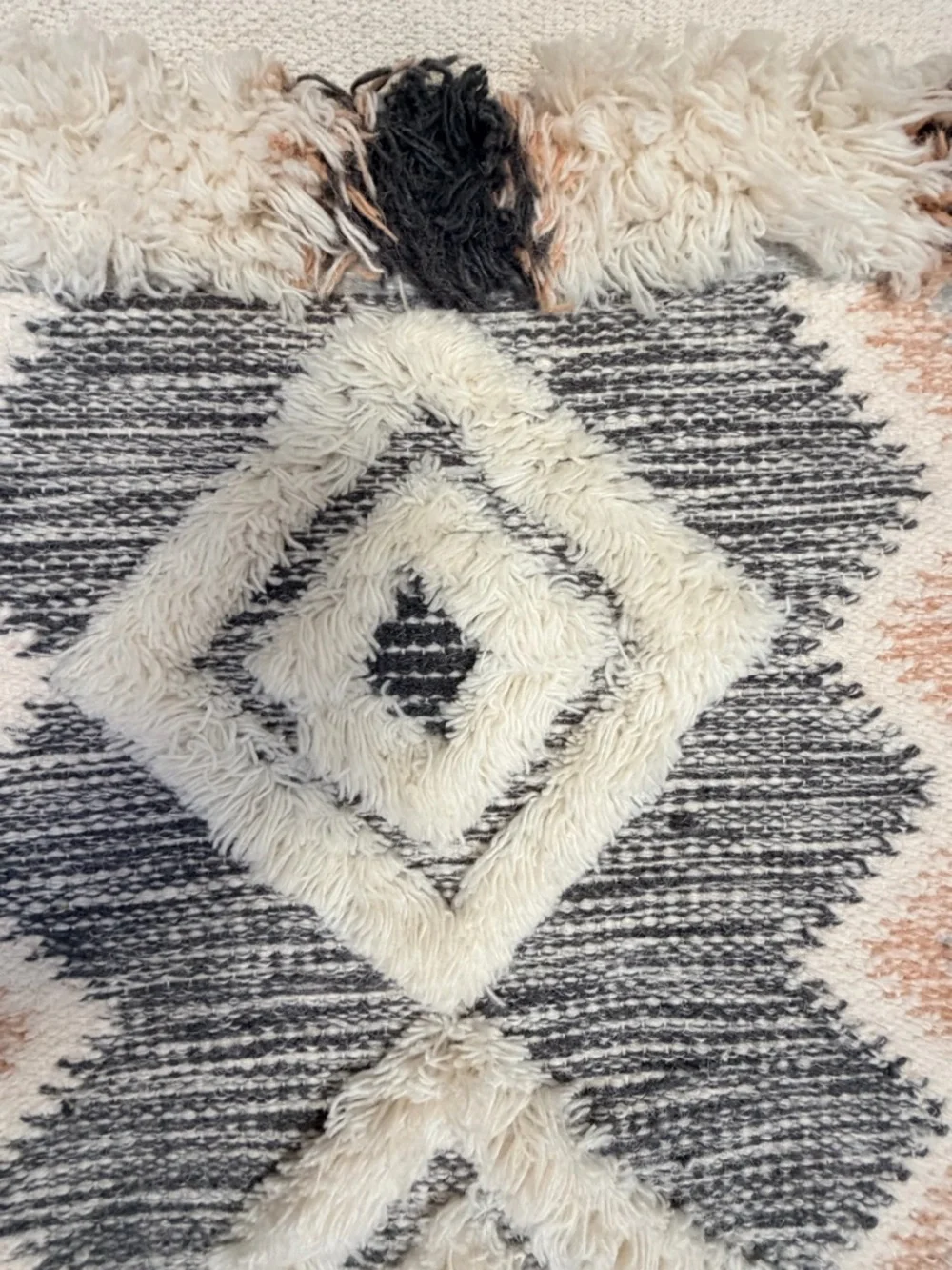 Large Woven Geometric Wall Hanging in Cream, Black, Light Blue, and Peach